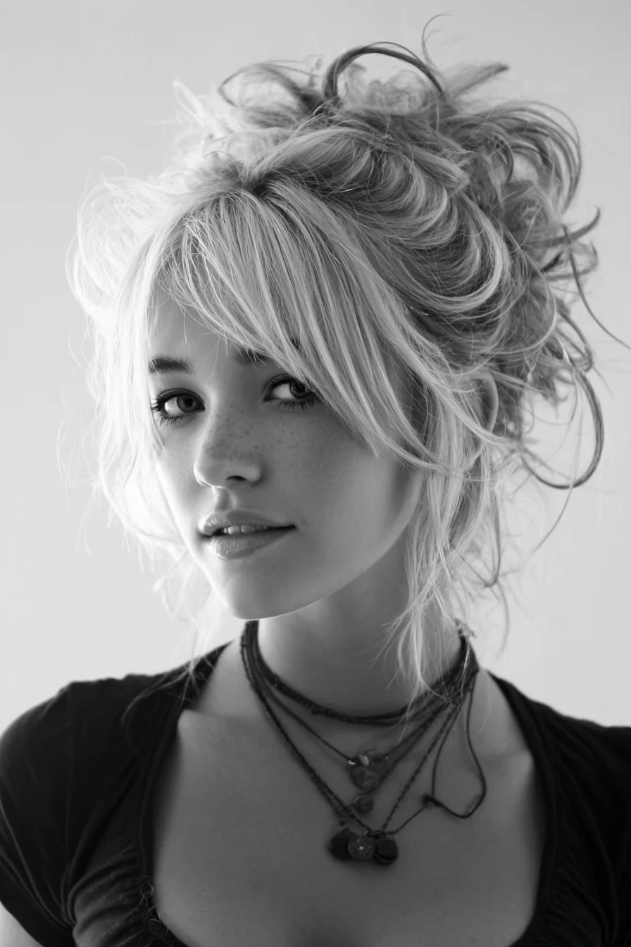 Casual Textured Messy Updo with Face-Framing Bangs