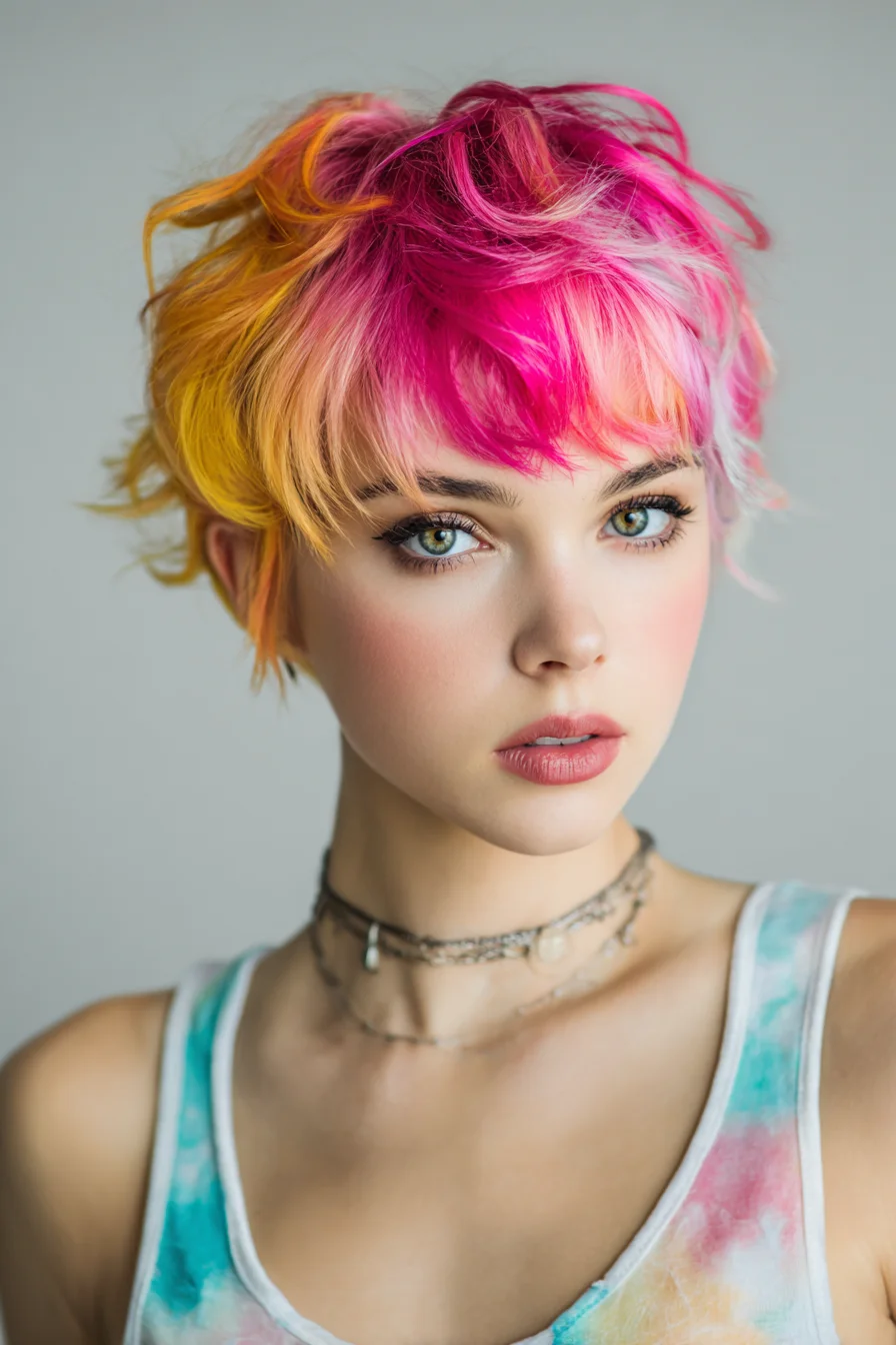 Choppy Pixie Cut with Neon Pink Top and Warm Sunset Tips