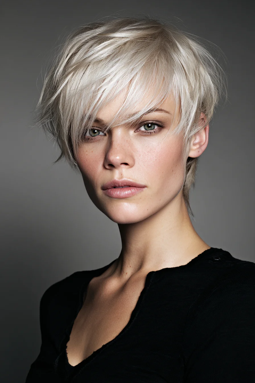 Choppy Platinum Pixie with Side-Swept Fringe and Tapered Nape