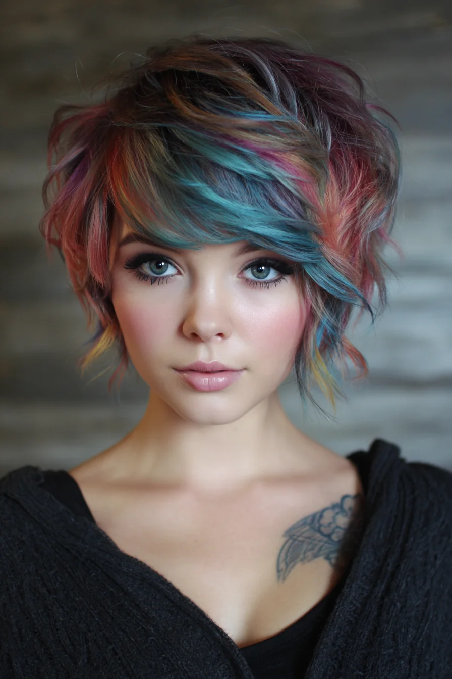 Choppy Rainbow Pixie with Side-Swept Fringe and Texture
