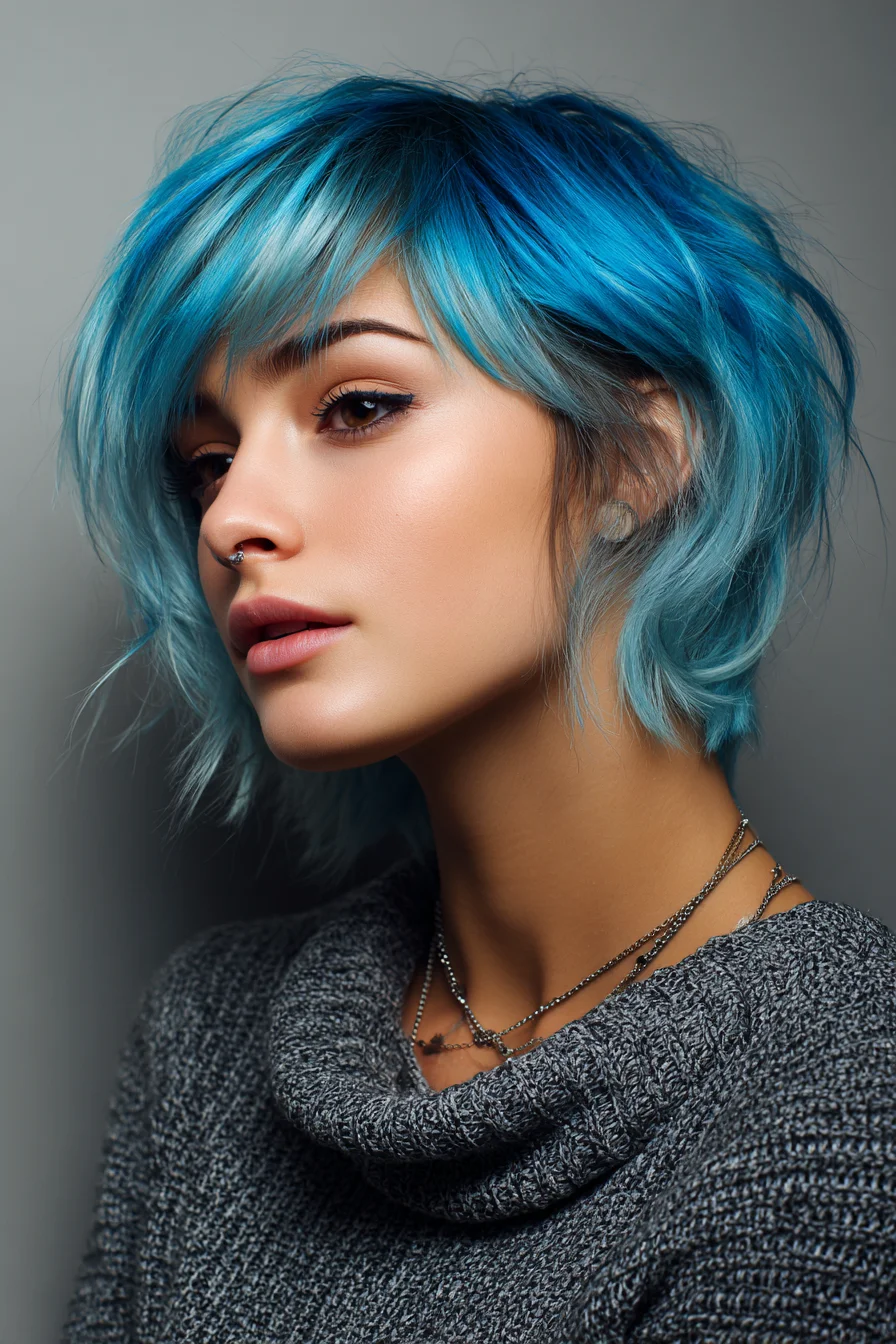 Choppy Textured Blue Pixie with Soft Fringe and Tousled Ends