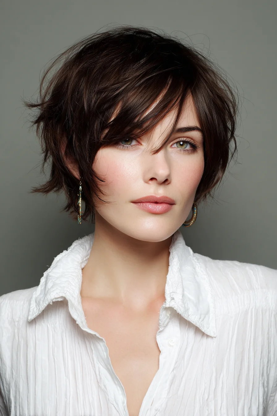 Choppy Textured Pixie with Long Side-Swept Bangs, Low Effort
