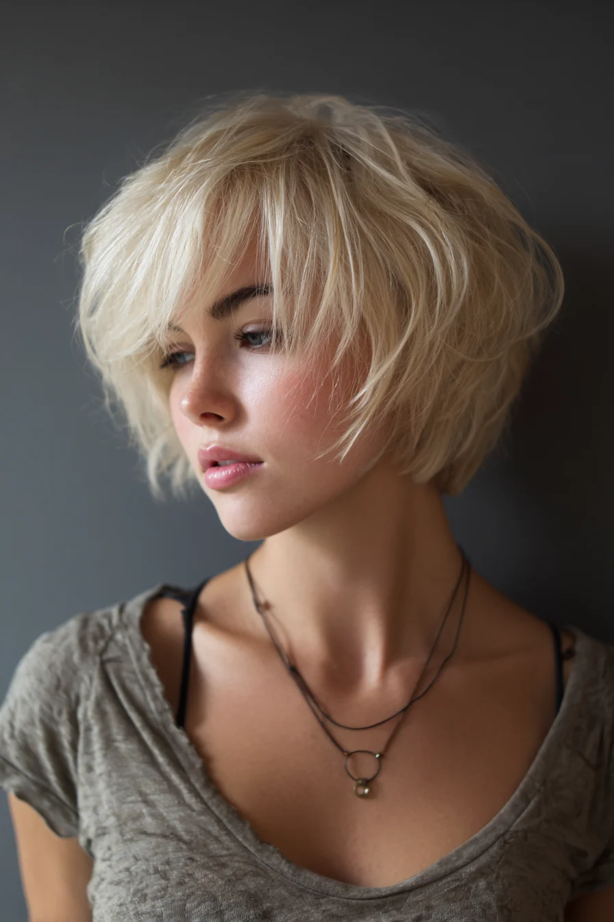 Choppy Textured Short Blonde Bob with Soft Curtain Bangs