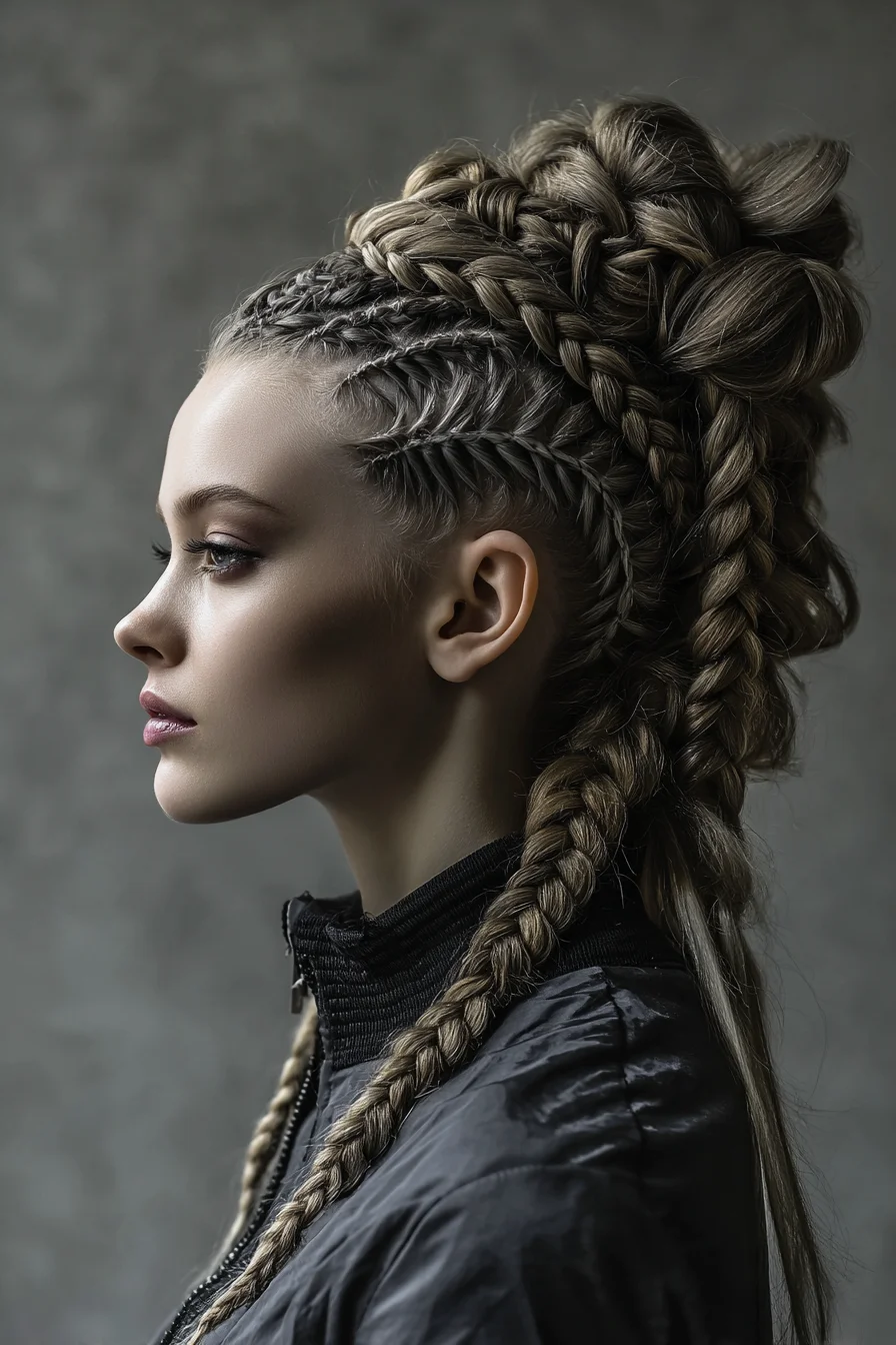 Chunky Braids and Micro Cornrows Piled Into a Messy Bun