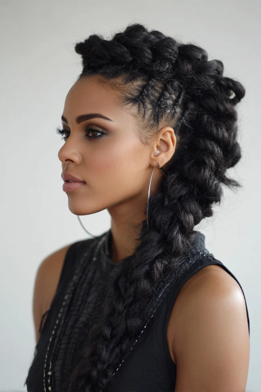 Chunky Cornrow Mohawk with a Loose Side Braid