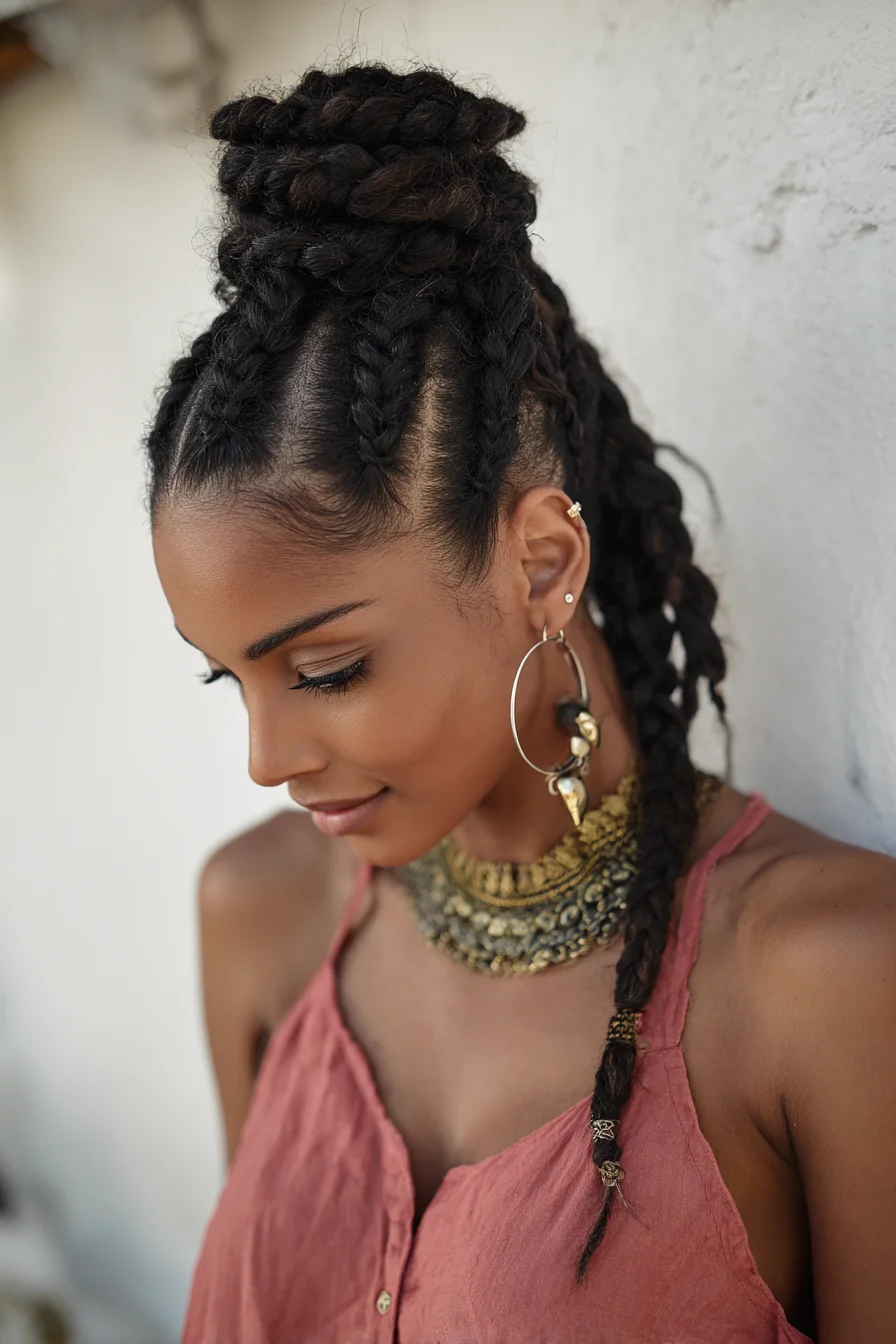 Chunky Cornrows Stacked Into a Braided Topknot