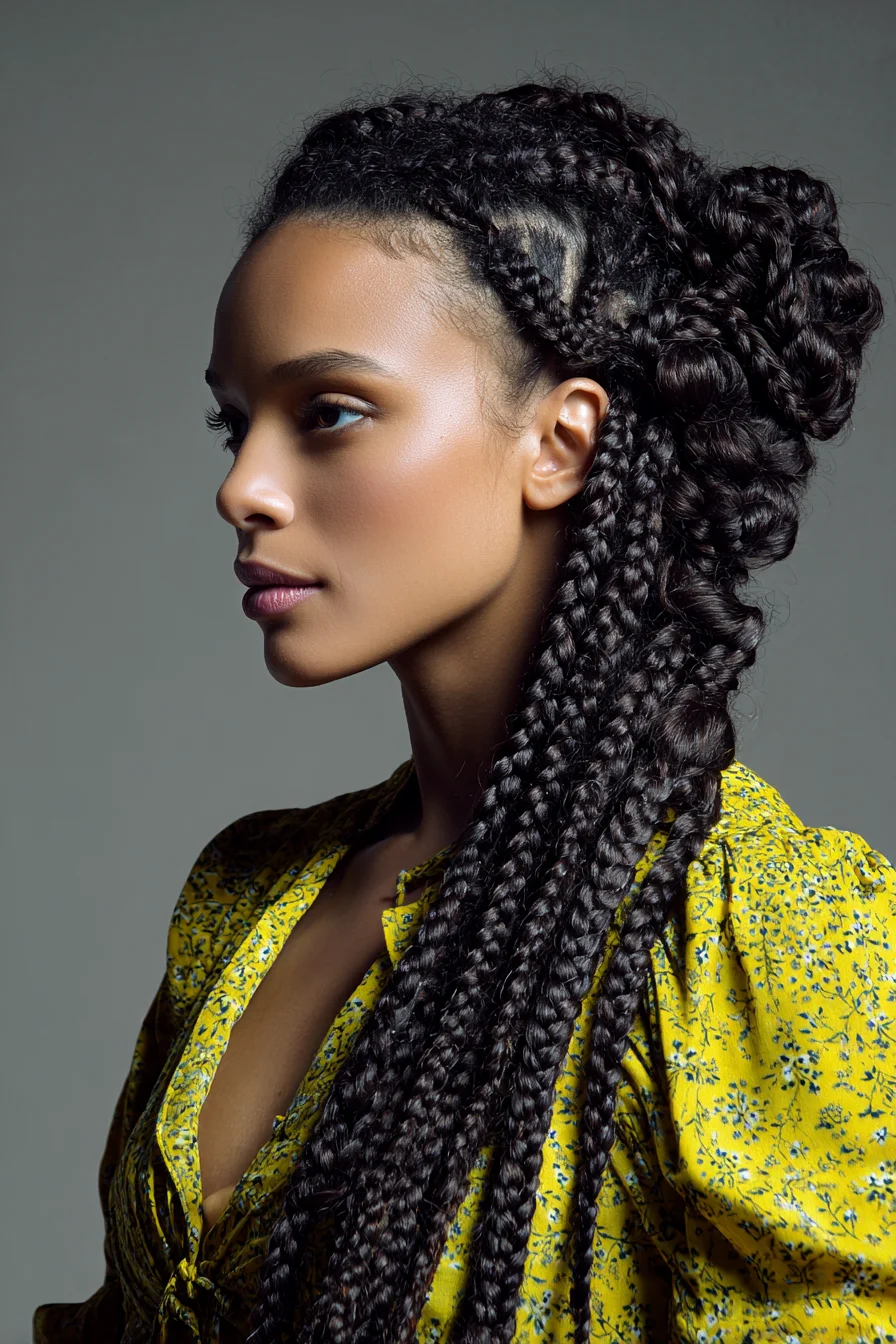 Chunky Cornrows with a Low Braided Bun and Long Braids
