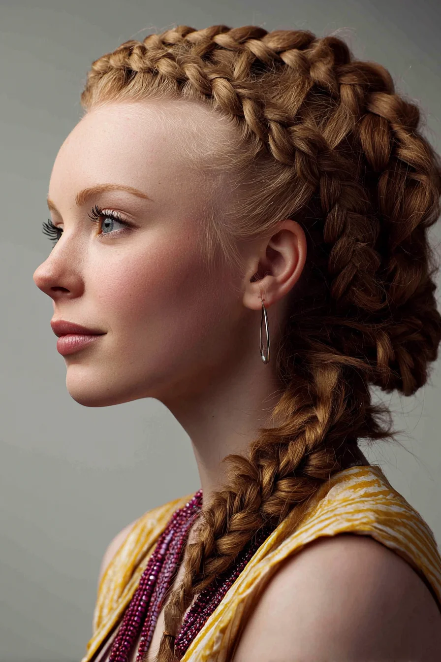 Chunky Crown Braids Pulled Into a Side Braid Look