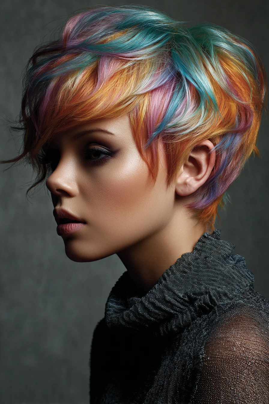 Colorful Layered Pixie Cut with Choppy Fringe