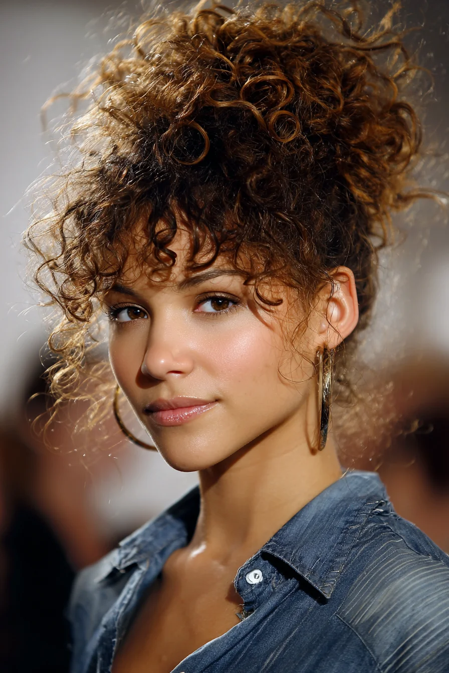 Curly High Bun with Face-Framing Bangs for Busy Days