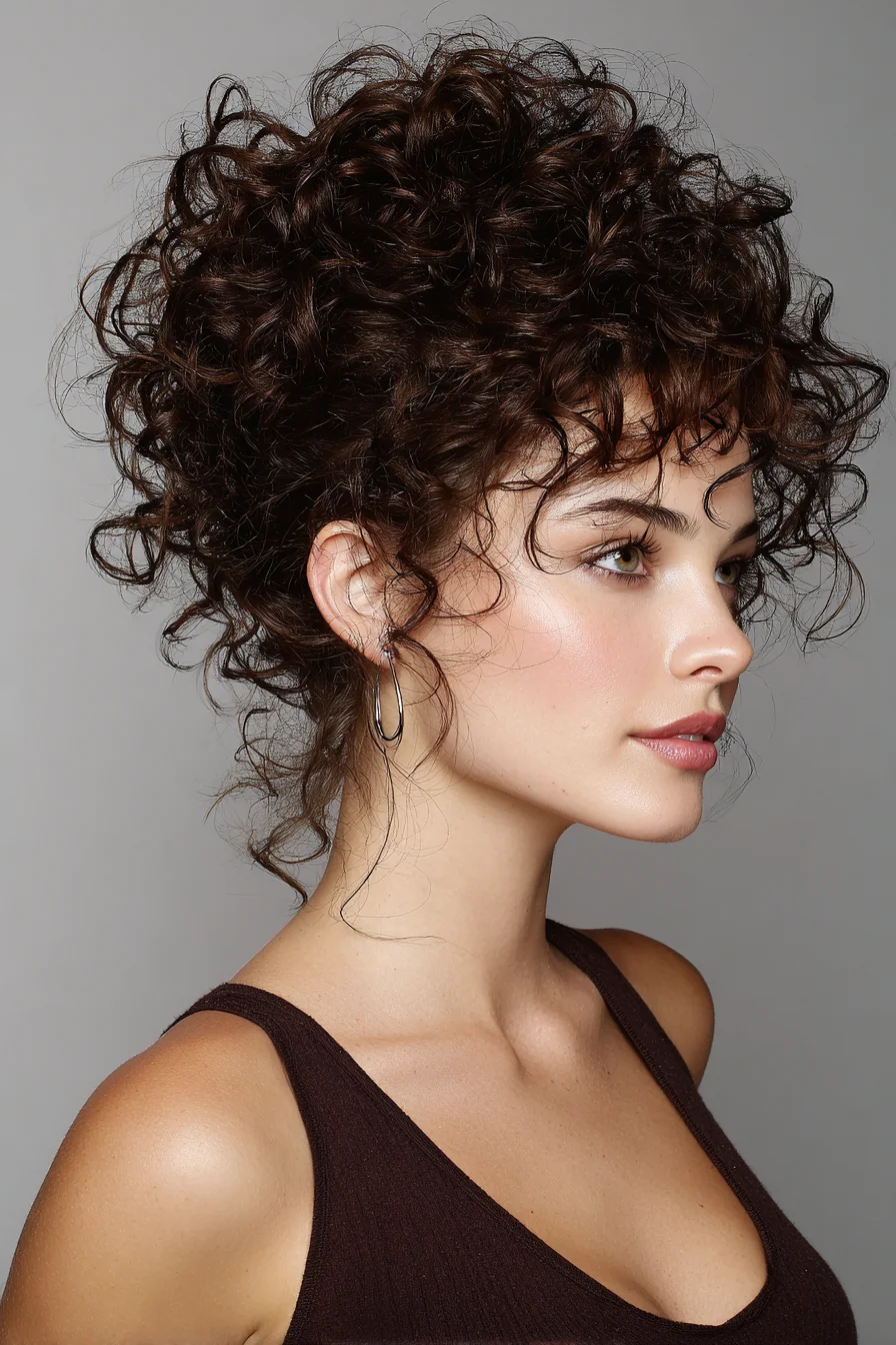 Curly High Messy Updo with Face-Framing Strands