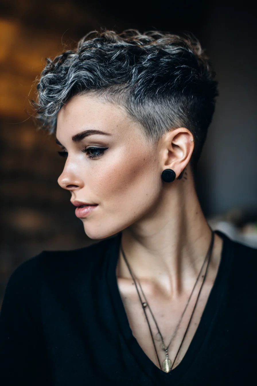 Curly Pixie Cut with Shaved Sides and Ash Highlights