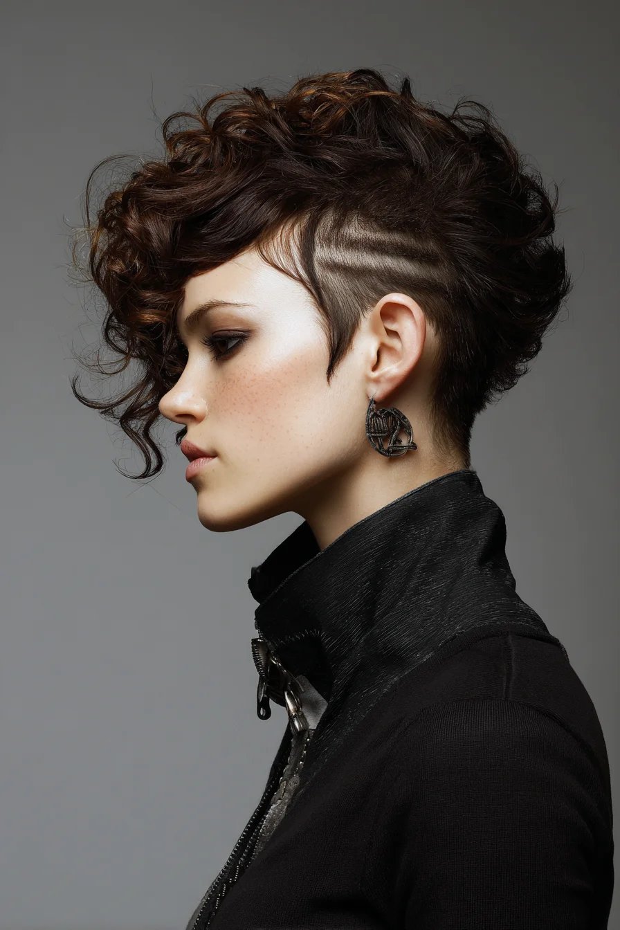 Curly Pixie with Shaved Side and Graphic Lines