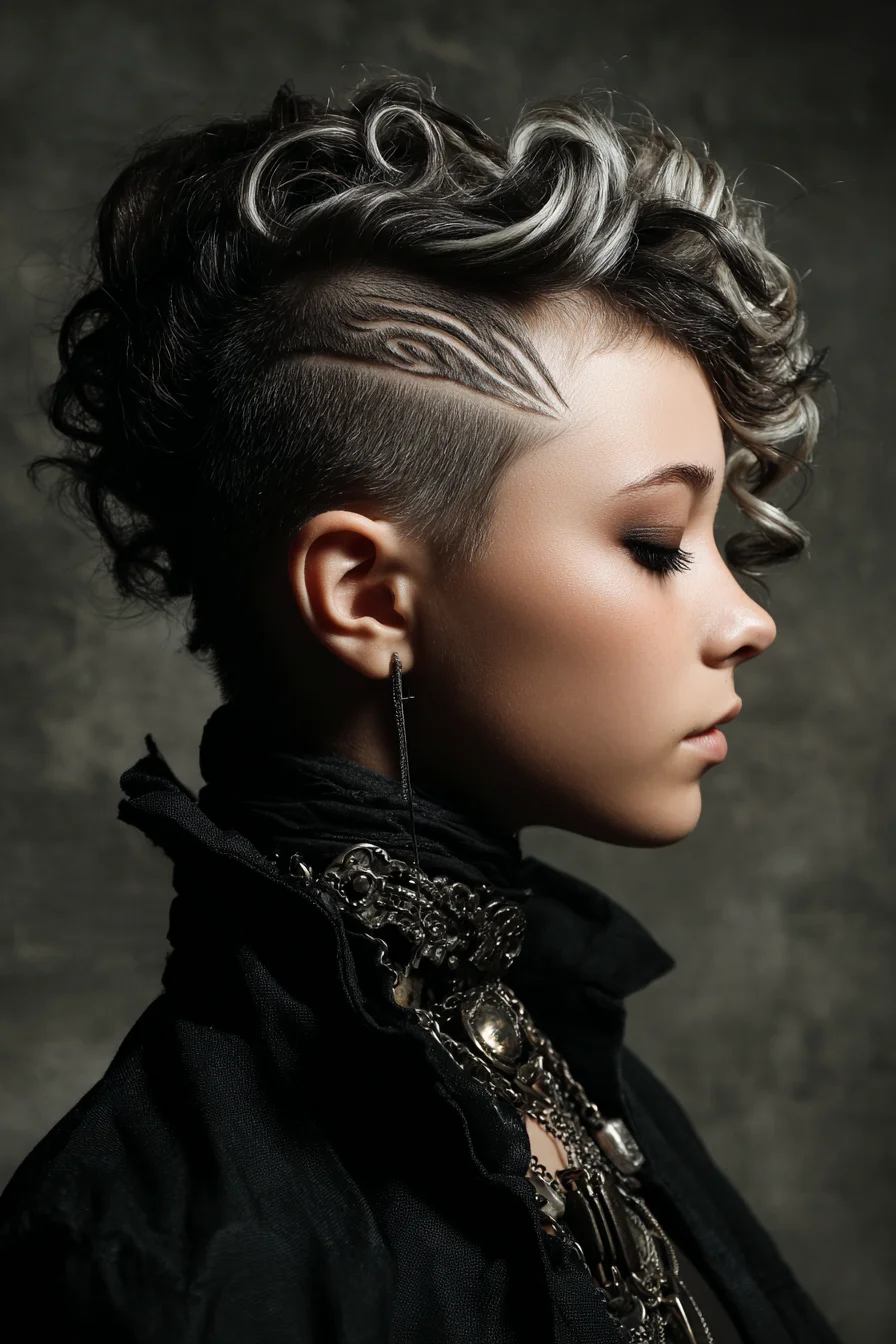Curly Pompadour with Shaved Side Design and Highlights