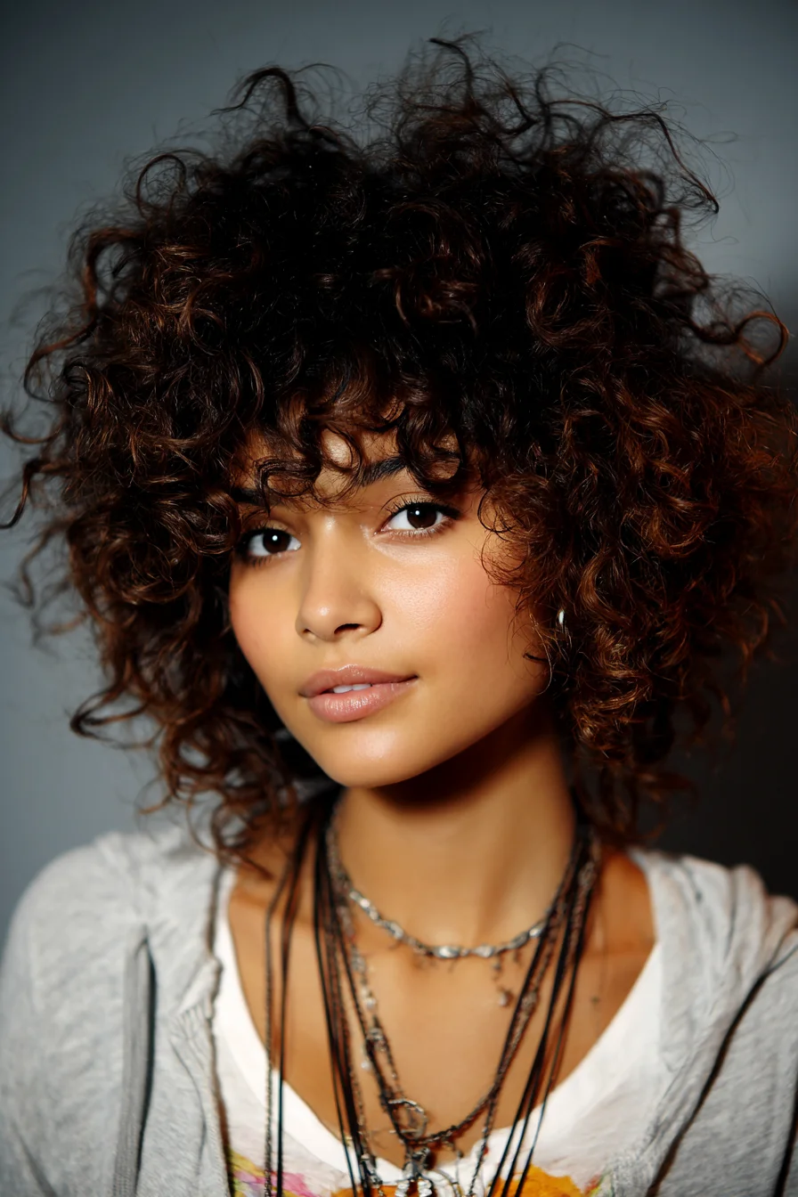 Curly Shag with Curtain Bangs Soft Volume, Low Effort