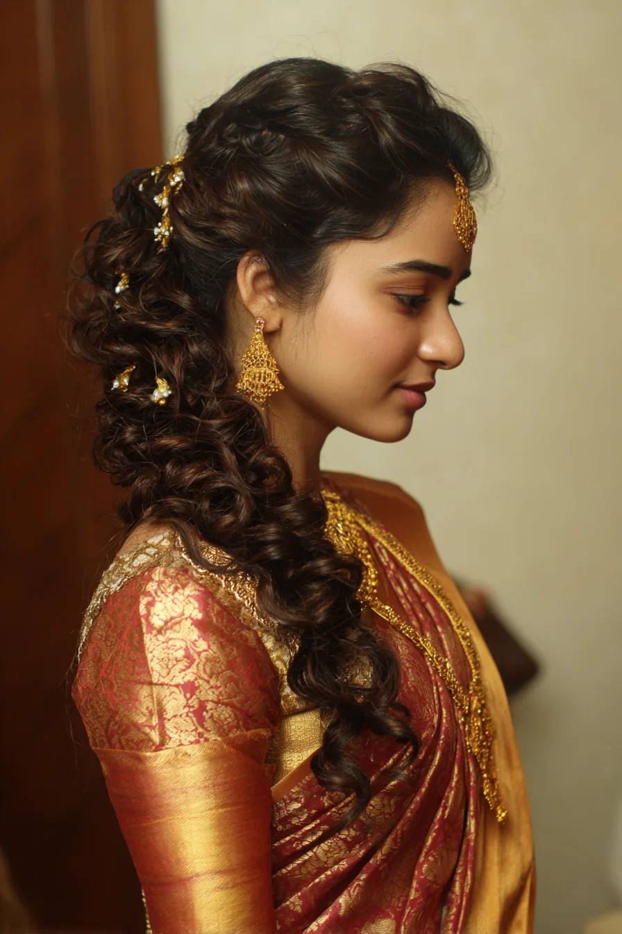Curly Side Braid with Gold Accents for Festive Looks