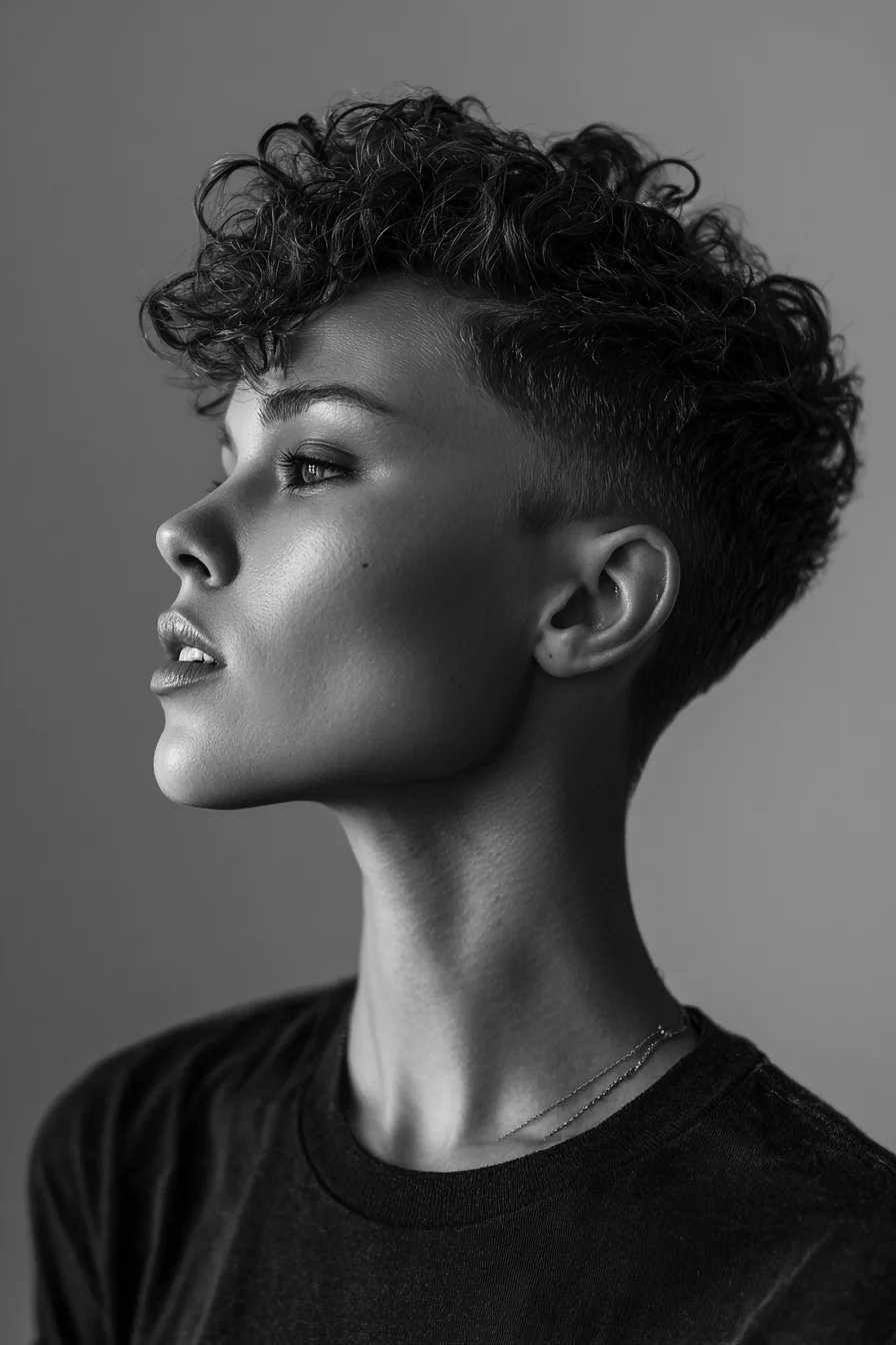 Curly Tapered Pixie with Volume on Top Modern Edge