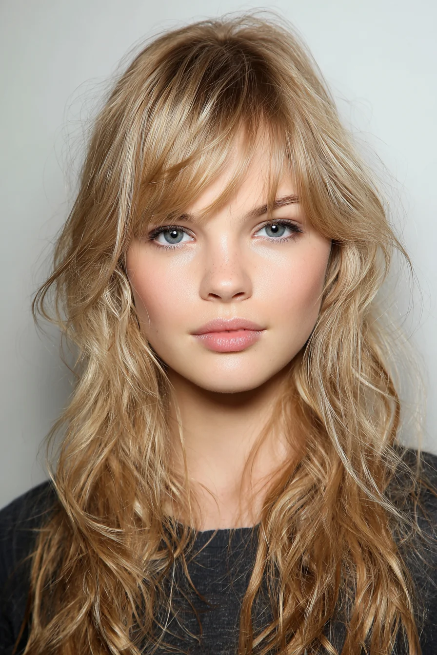 Curtain Bangs with Beachy, Tousled Long Layers