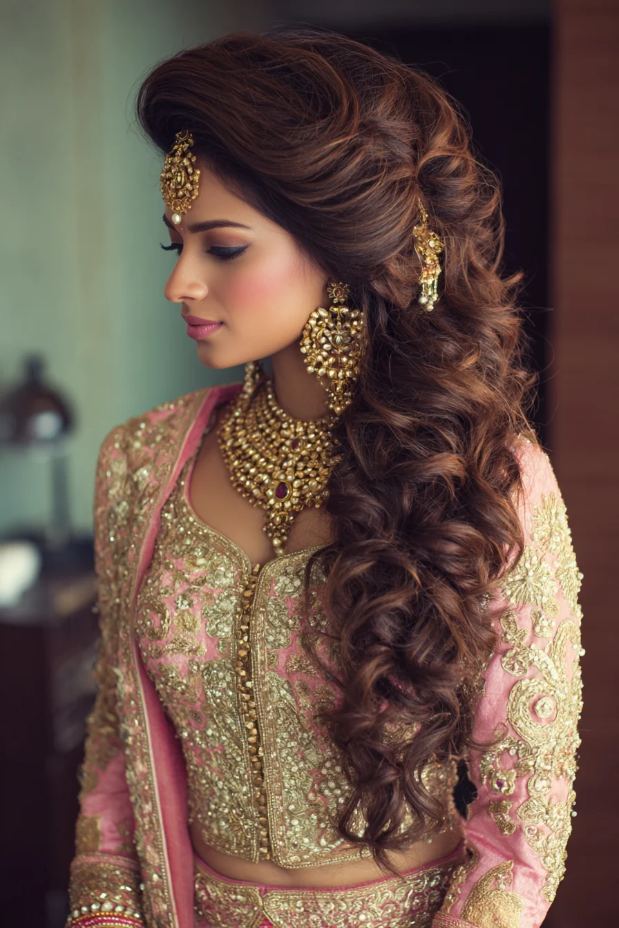 Dramatic Side-Swept Curls with Soft Braided Accent