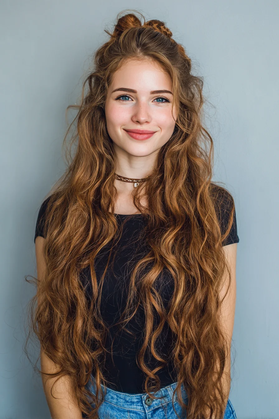 Easy Half-Up Double Topknots for Long Wavy Hair