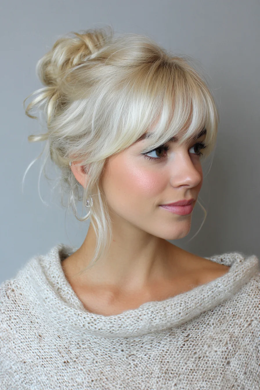 Easy Messy Bun with Curtain Bangs for Soft Everyday