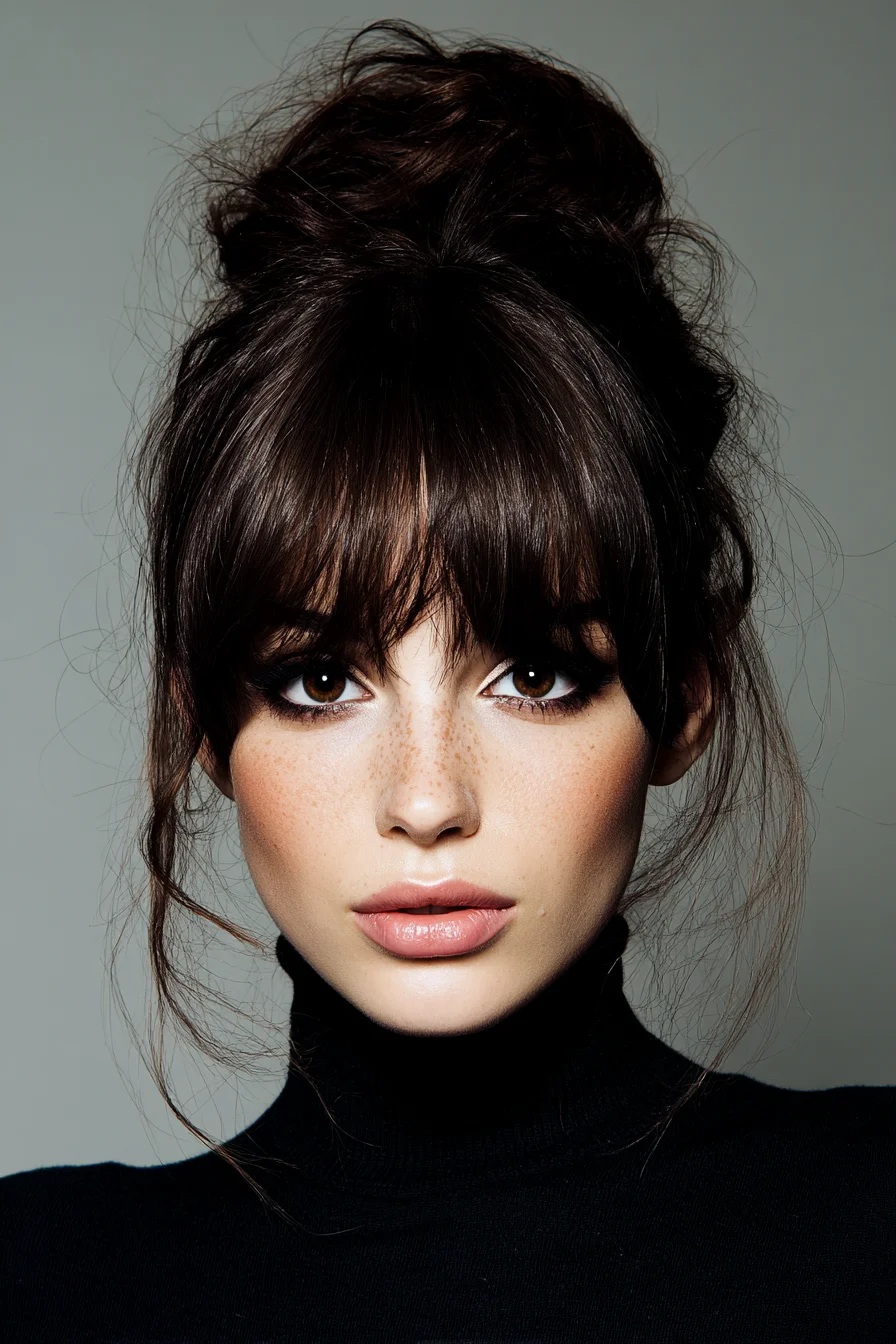 Easy Tousled High Bun with Face-Framing Curtain Bangs