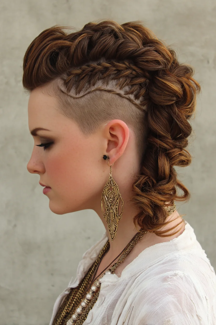 Edgy Braided Mohawk with Undercut and Loose Curls