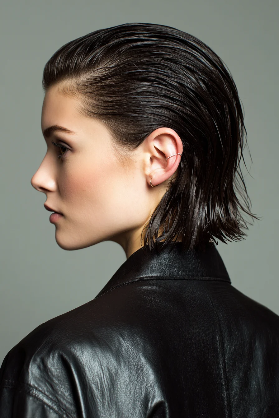 Edgy Wet-Look Slicked-Back Bob for Short Hair Days