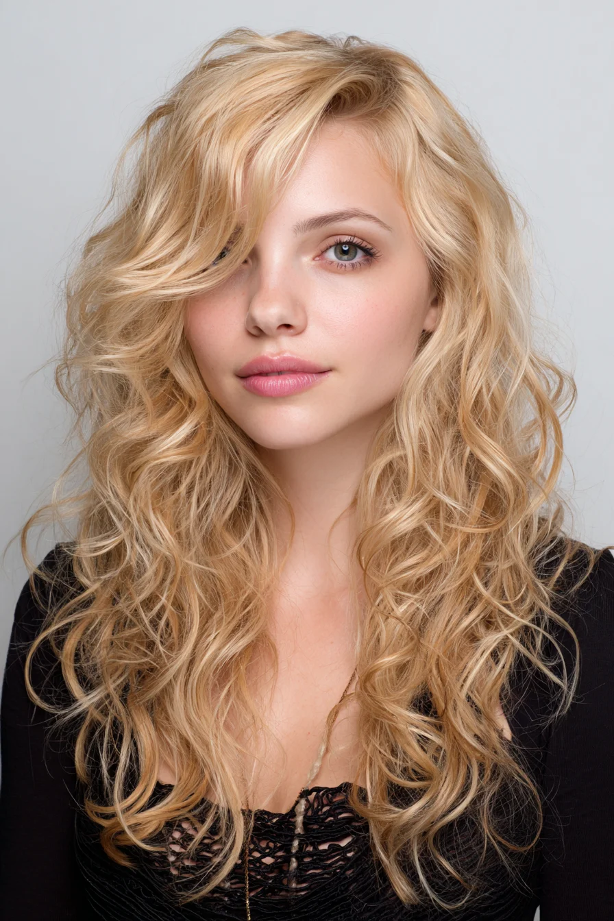 Effortless Beachy Curls with Side-Swept Bangs and Tousled Texture