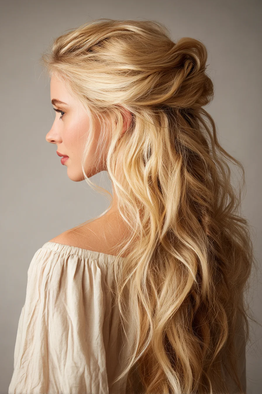 Effortless Half-Up with Beachy Waves for Busy Days