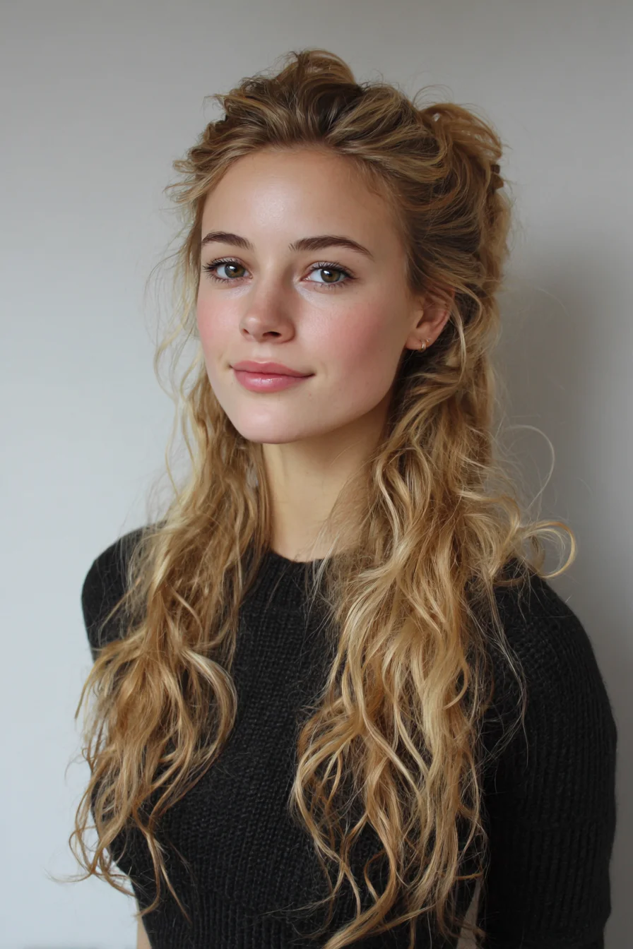 Effortless Half-Up with Tousled Beachy Waves and Face-Framing