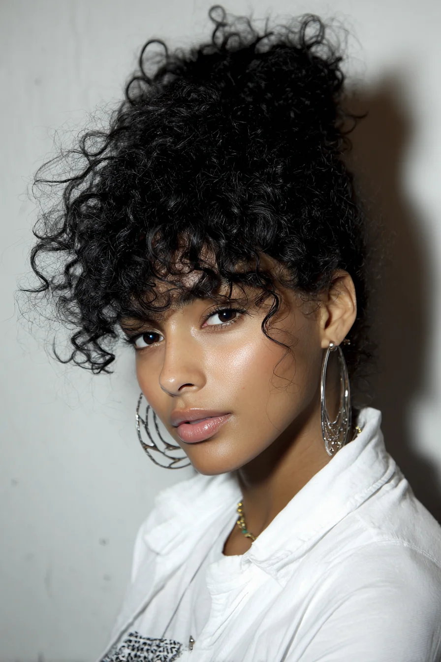 Effortless High Curly Puff with Soft Face-Framing Bangs
