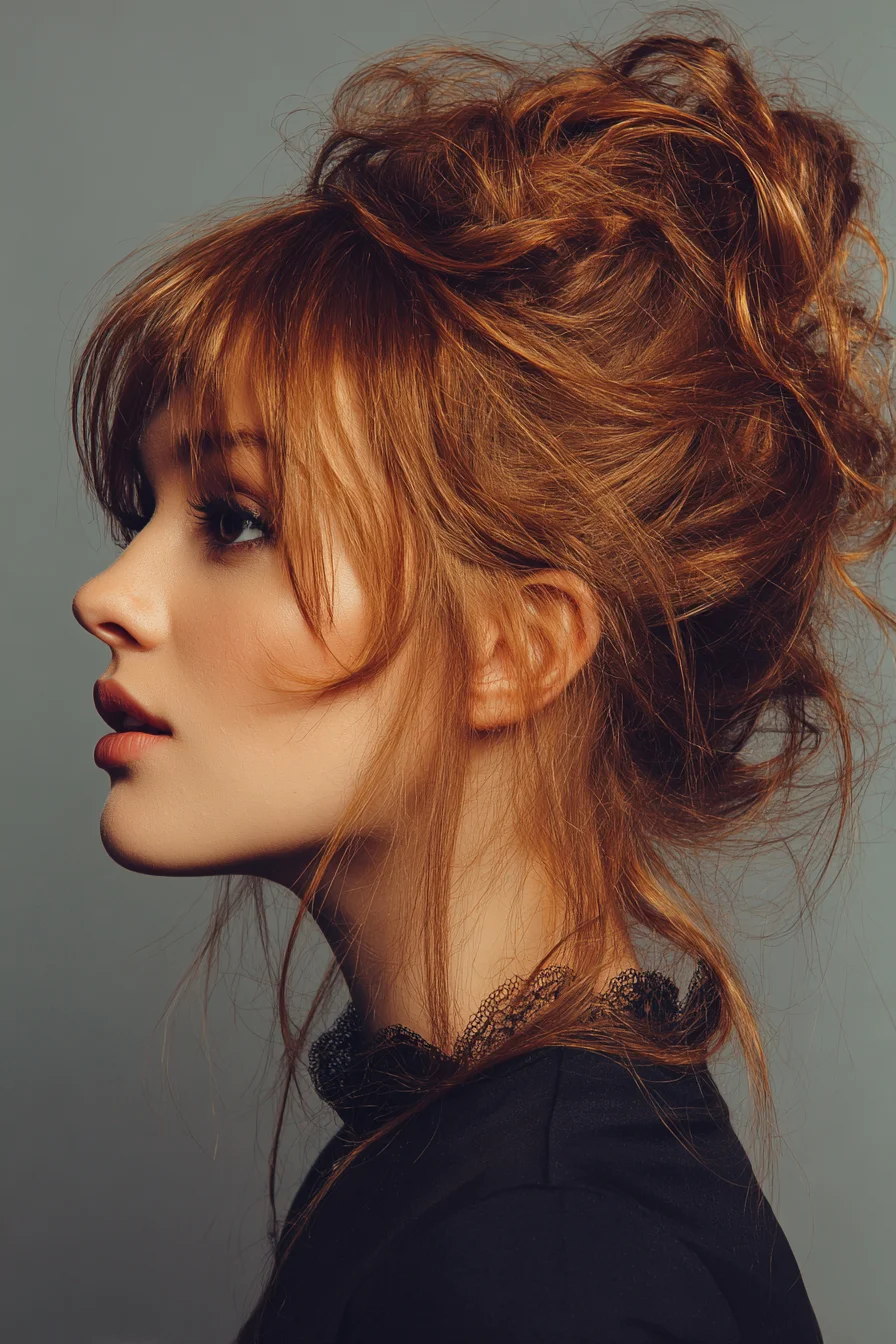 Effortless Messy Bun with Curtain Bangs and Wisps