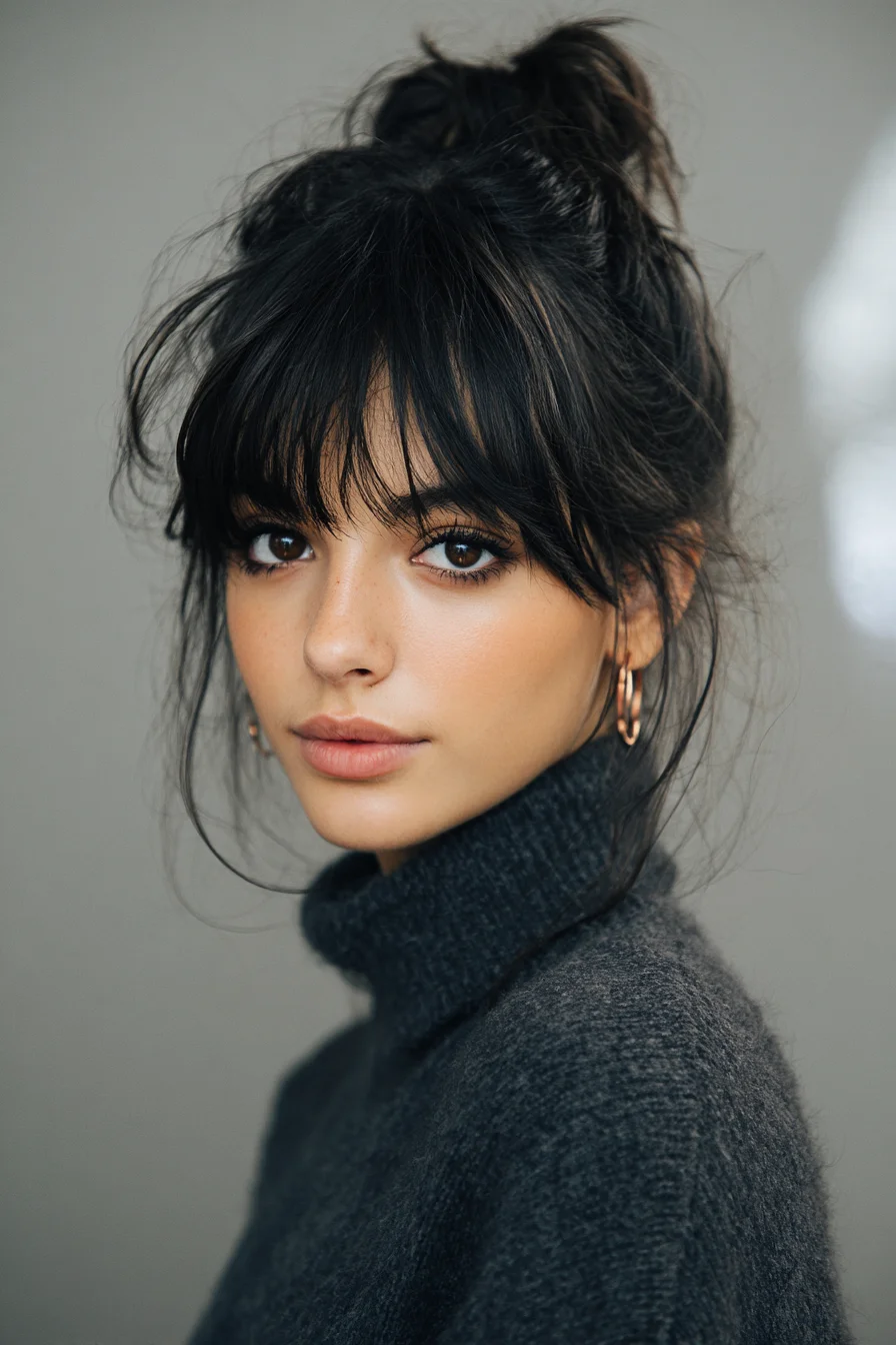 Effortless Messy Top Knot with Wispy Fringe, Everyday Chic