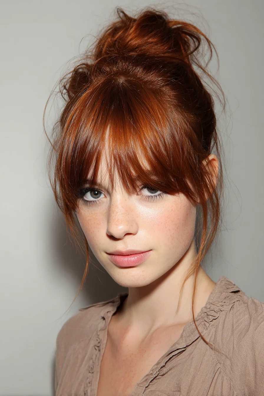 Effortless Messy Topknot with Curtain Bangs for Busy Days