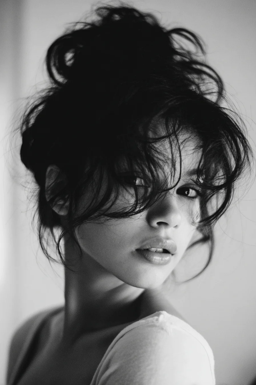 Effortless Messy Topknot with Face-Framing Wisps