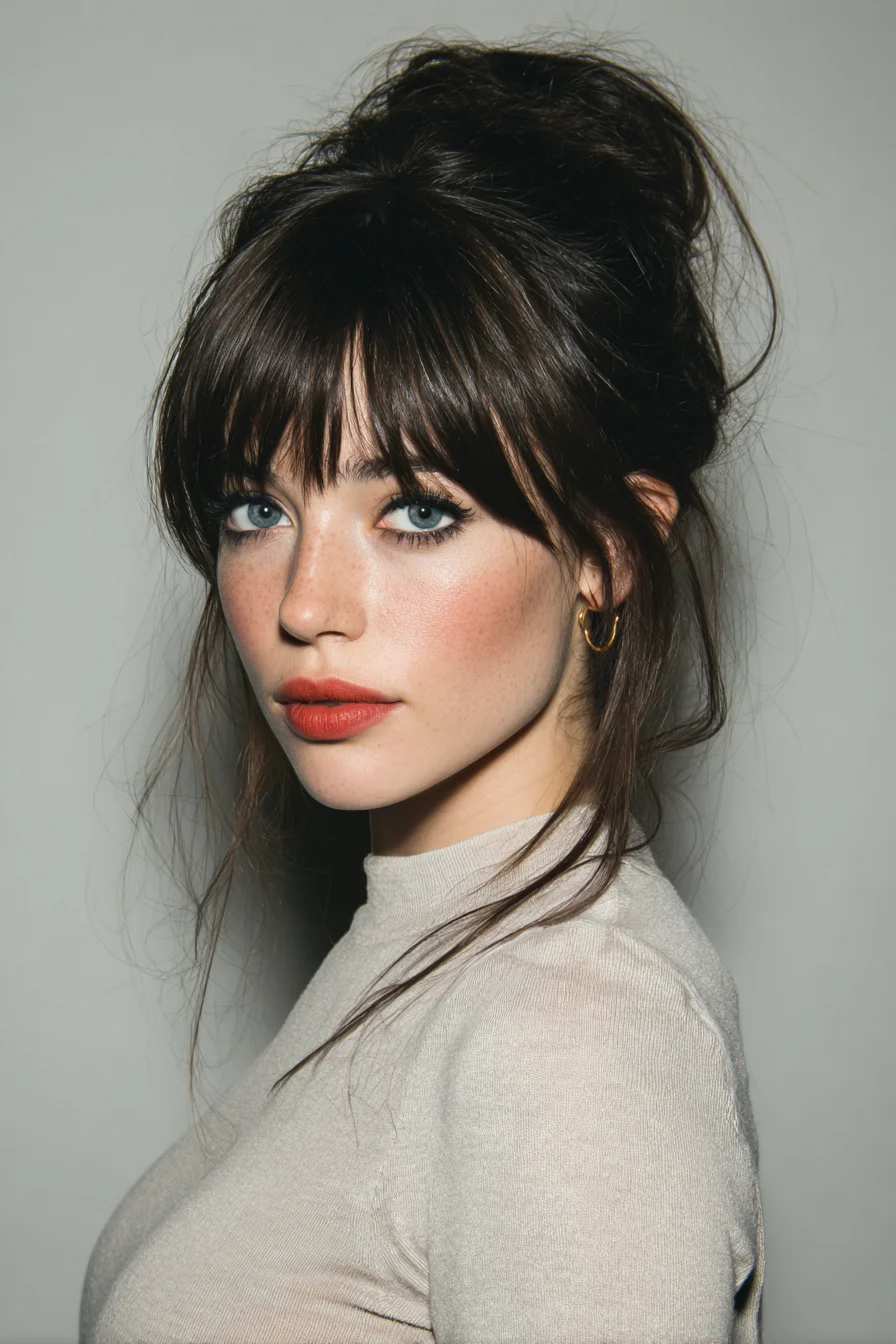 Effortless Messy Topknot with Wispy Curtain Bangs