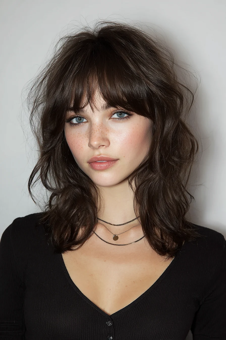 Effortless Shaggy Shoulder-Length Cut with Curtain Bangs