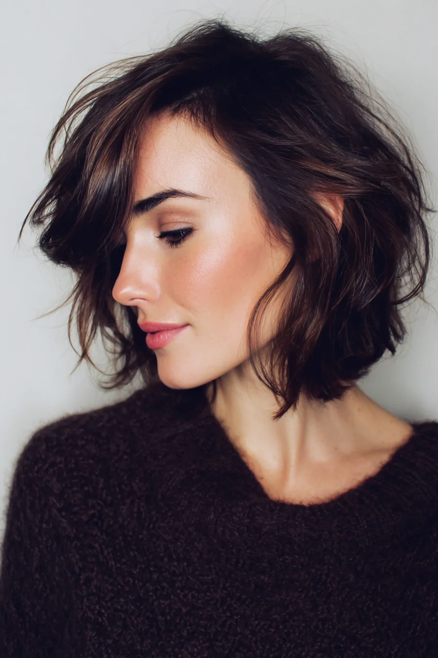 Effortless Textured Tousled Bob with Side-Swept Fringe