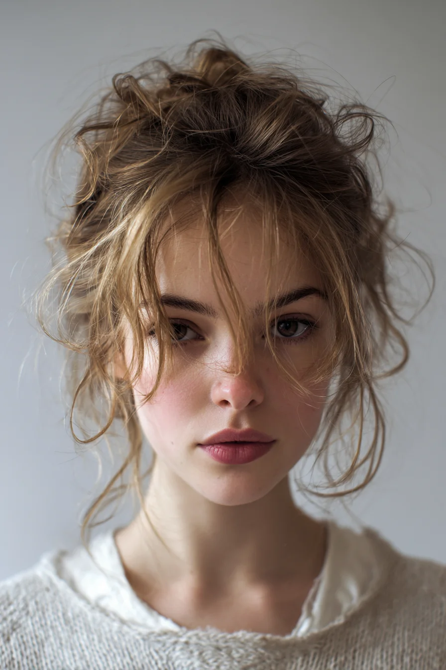 Effortless Tousled Bun with Wispy Face-Framing Strands