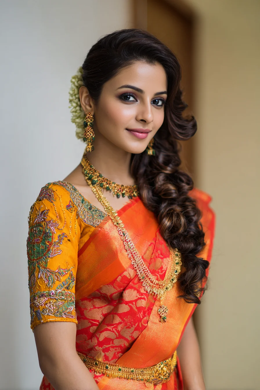 Elegant Side-Swept Curly Braid with Jasmine Gajra Details