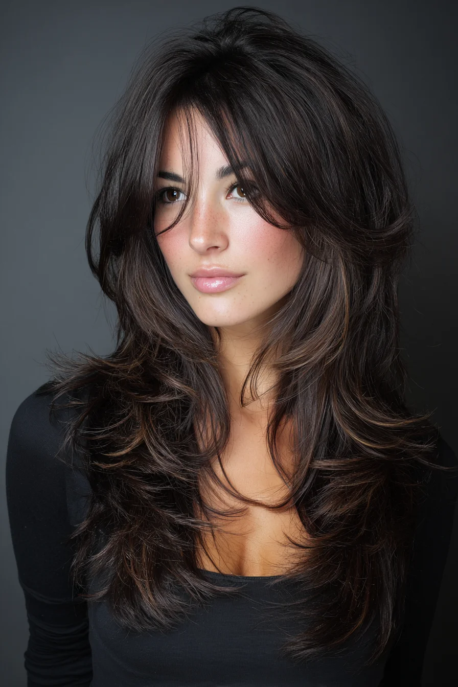 Feathered Long Layers with Curtain Bangs and Volume