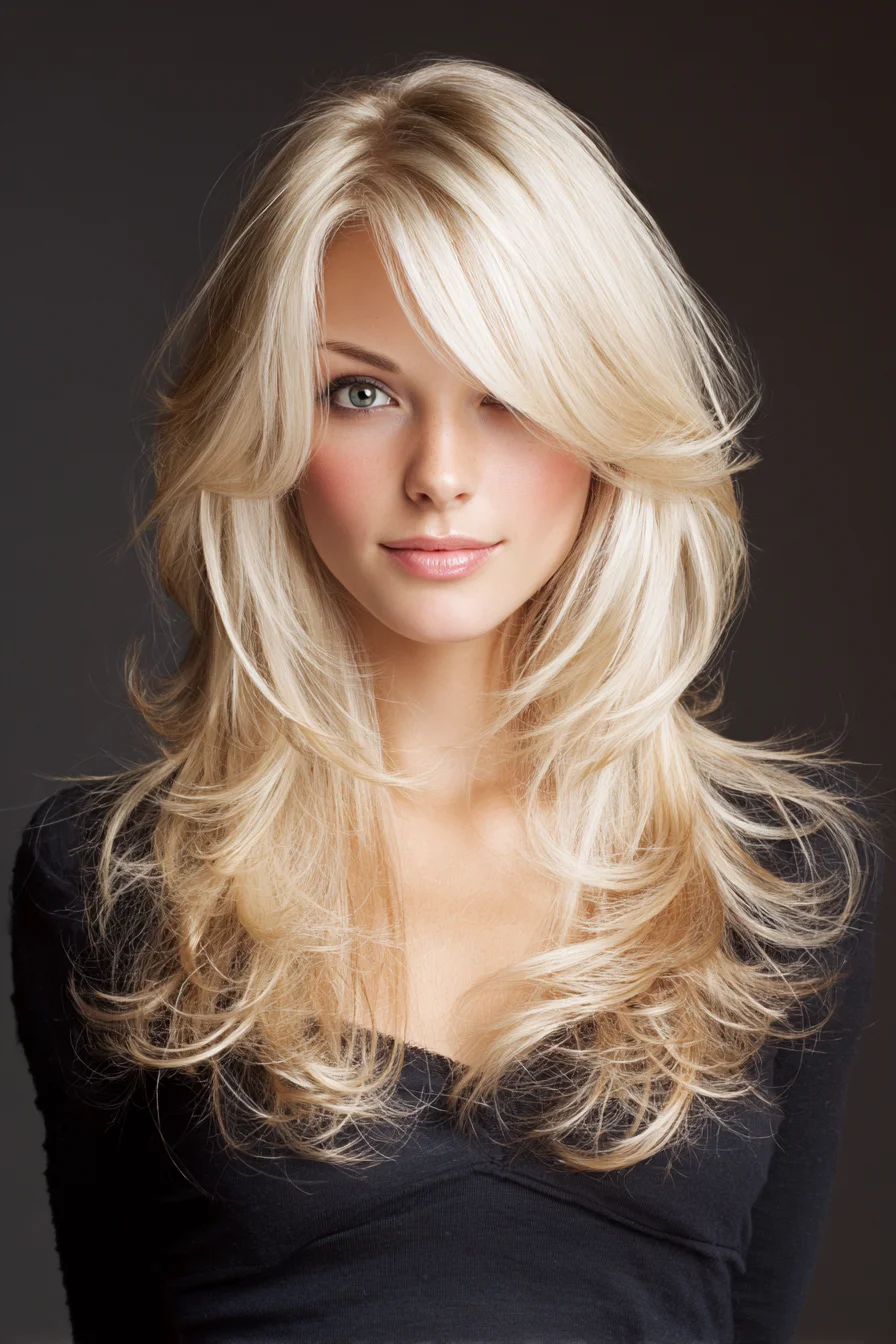 Feathered Long Layers with Soft Curtain Bangs