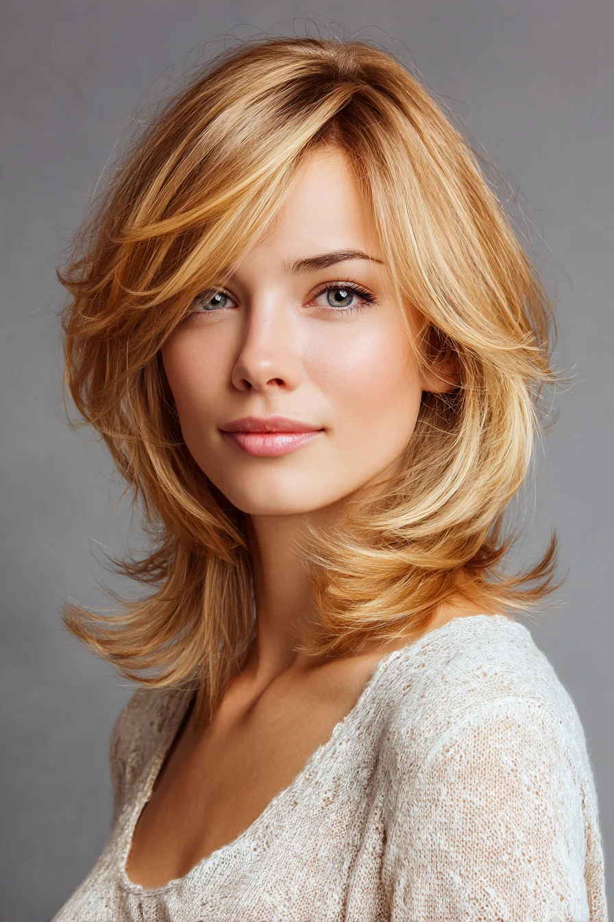 Feathered Medium-Length Cut with Side-Swept Face-Framing Bangs