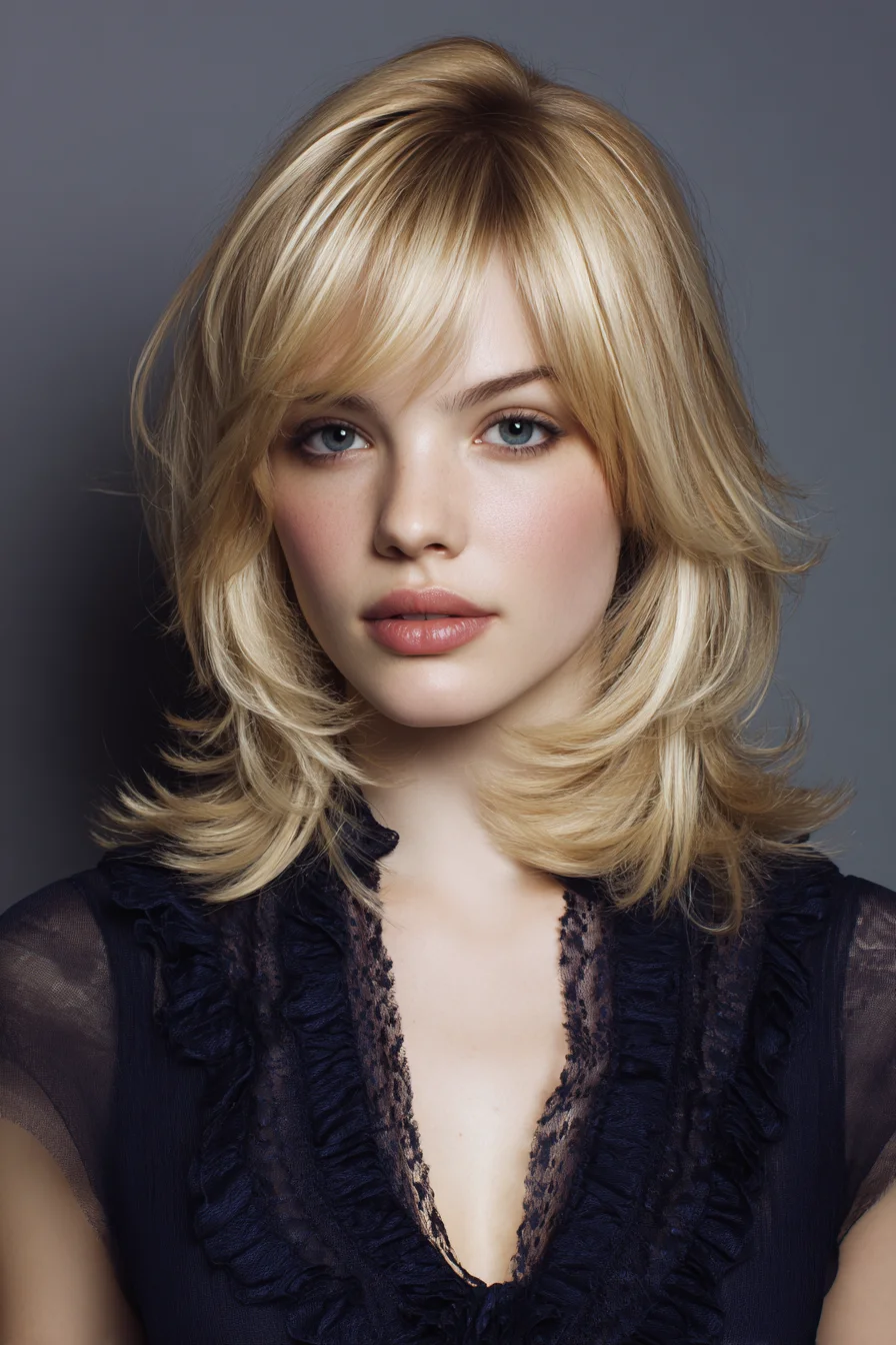 Feathered Medium-Length Cut with Soft Curtain Bangs