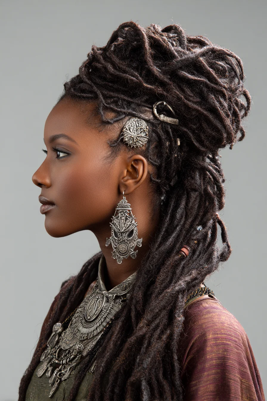 Half-Up Boho Locs with Volume and Statement Jewelry
