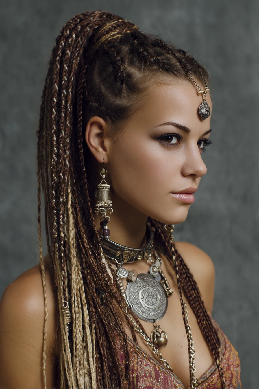 High Braided Ponytail with Micro Braids and Highlights