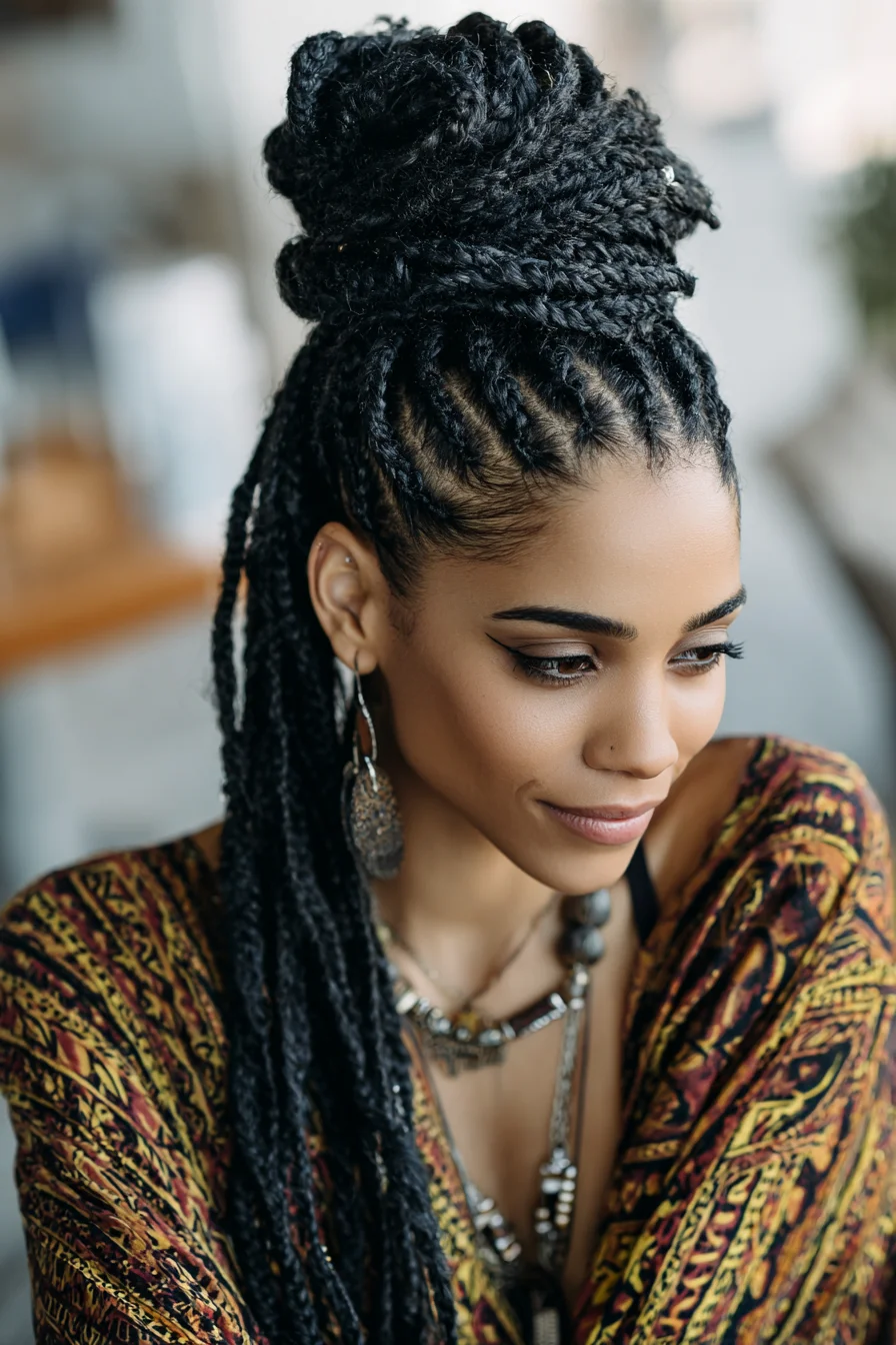 High Messy Half-Up Bun with Box Braids and Face-Framing