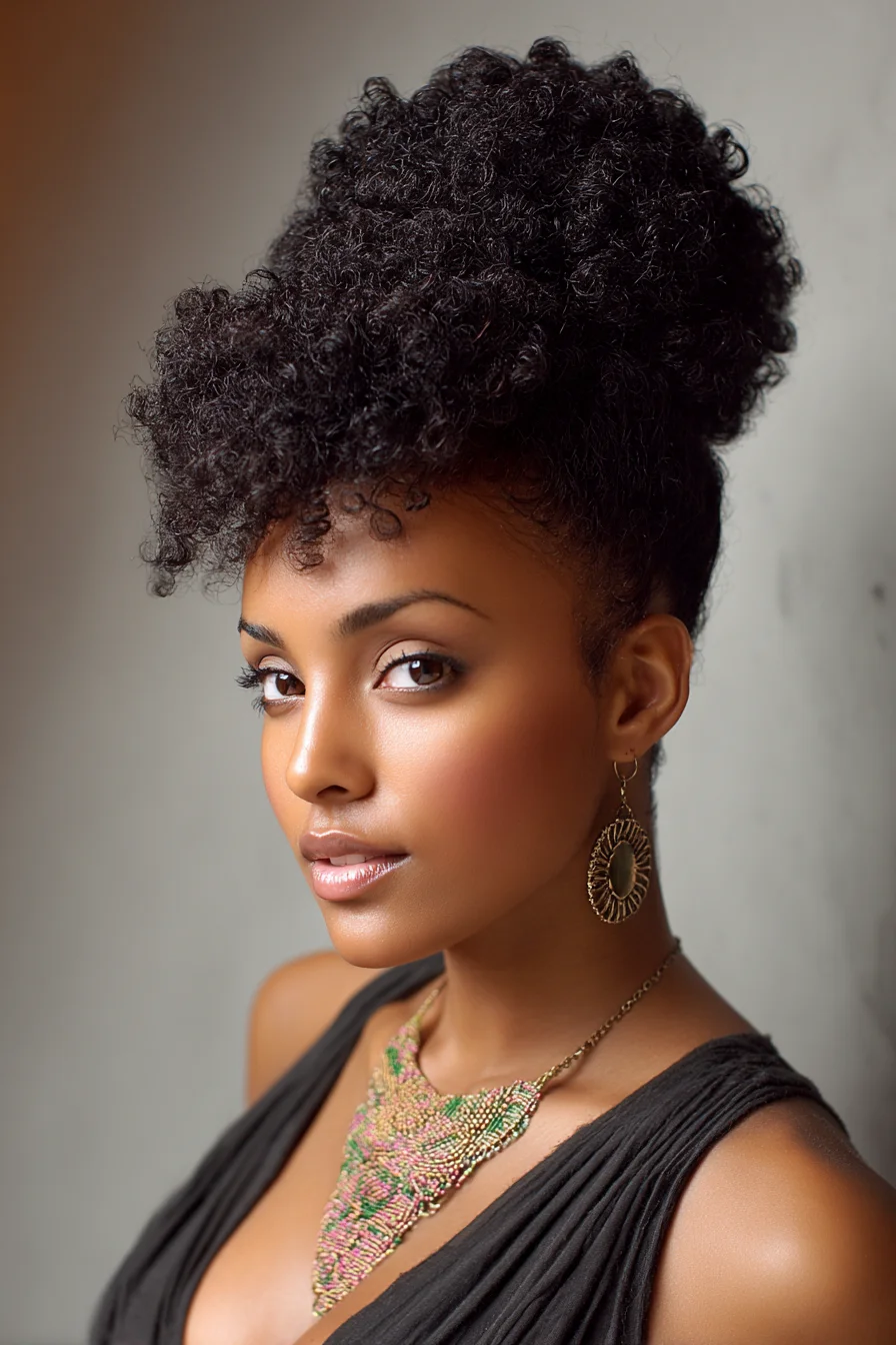 High Textured Puff with Curly Fringe Quick Updo