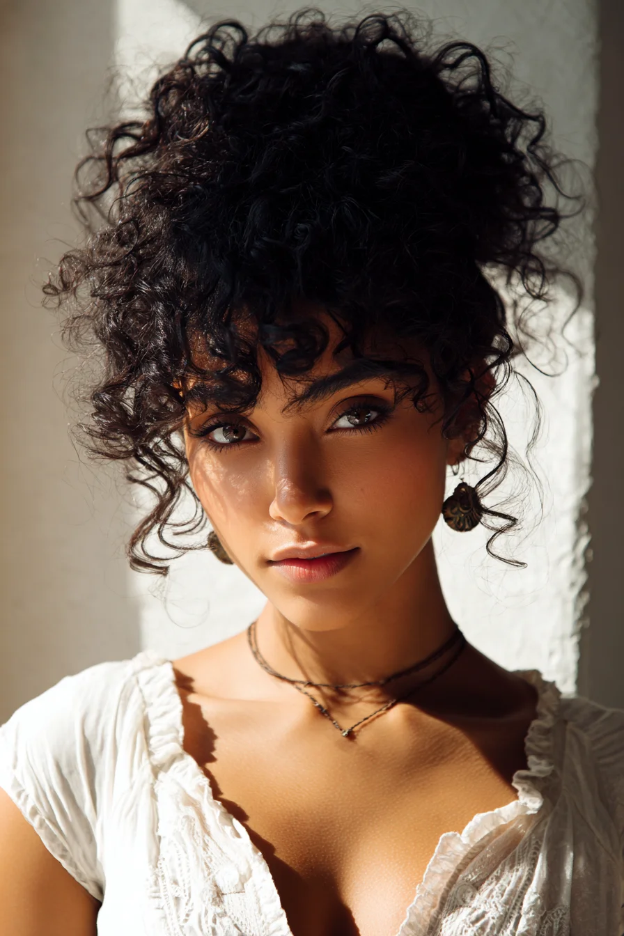 High Tousled Curly Bun with Face-Framing Tendrils